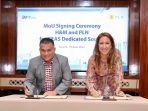 Penandatanganan nota kesepahaman Green Energy As Services (GEAS) antara PLN dengan H&M yang dilakukan oleh EVP Penjualan dan Pelayanan Pelanggan Enterprise PLN, Nayusrizal (kiri) dan Regional Country Manager of China and South East Asia H&M Jessica Wilhelmsson (kanan).
