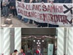 Aksi para demonstrasi membentangkan spanduk dan membuang tumpukan sampah di depan pintu kantor Bupati Pandeglang.