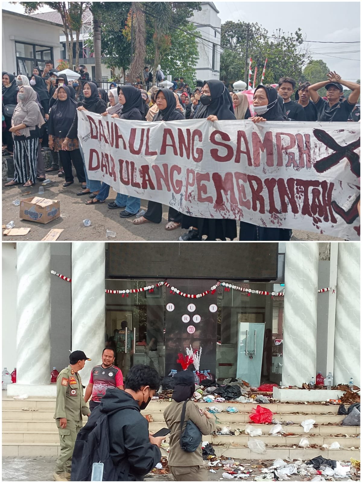Aksi para demonstrasi membentangkan spanduk dan membuang tumpukan sampah di depan pintu kantor Bupati Pandeglang.
