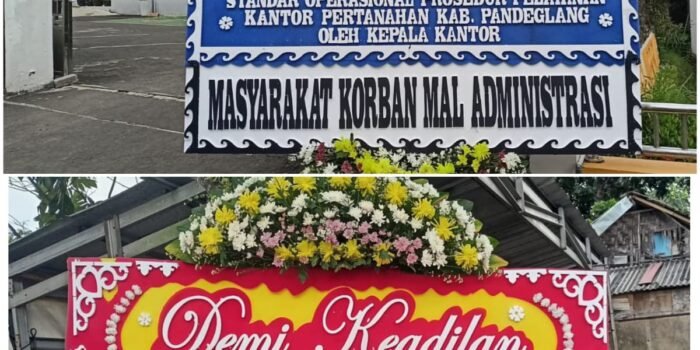 Bentuk protes warga kirimkan karangan bunga ke Kantor Badan Pertanahan Nasional (BPN) Kabupaten Pandeglang.