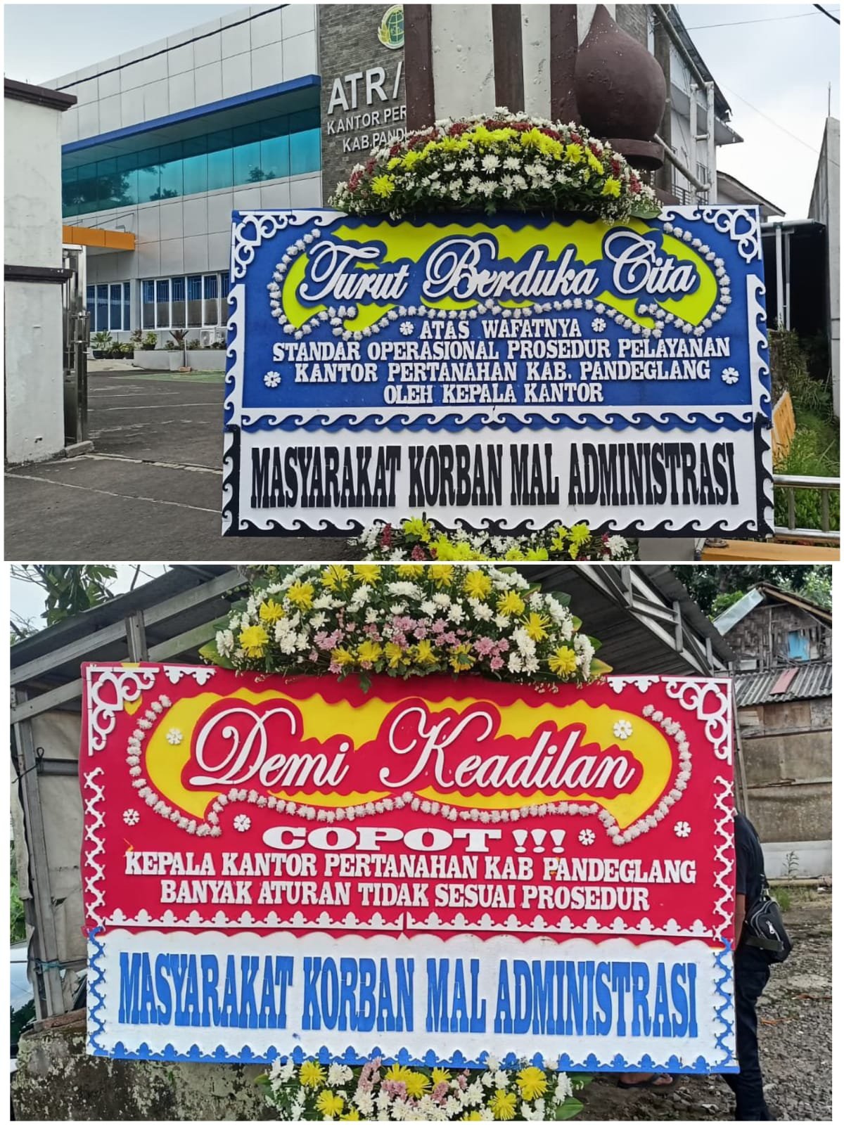 Bentuk protes warga kirimkan karangan bunga ke Kantor Badan Pertanahan Nasional (BPN) Kabupaten Pandeglang.