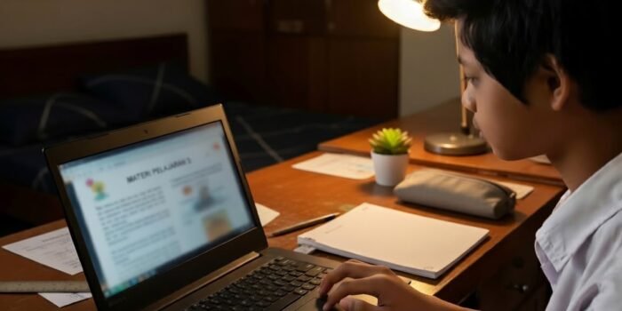 Ilustrasi seorang anak sedang fokus mengerjakan tugas menggunakan laptop di kamarnya pada malam hari.