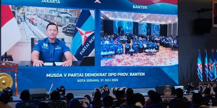 Ketua Umum Partai Demokrat AHY hadir dalam tele conference di Musda V Partai Demokrat Provinsi Banten, Jumat (31/7/2026)